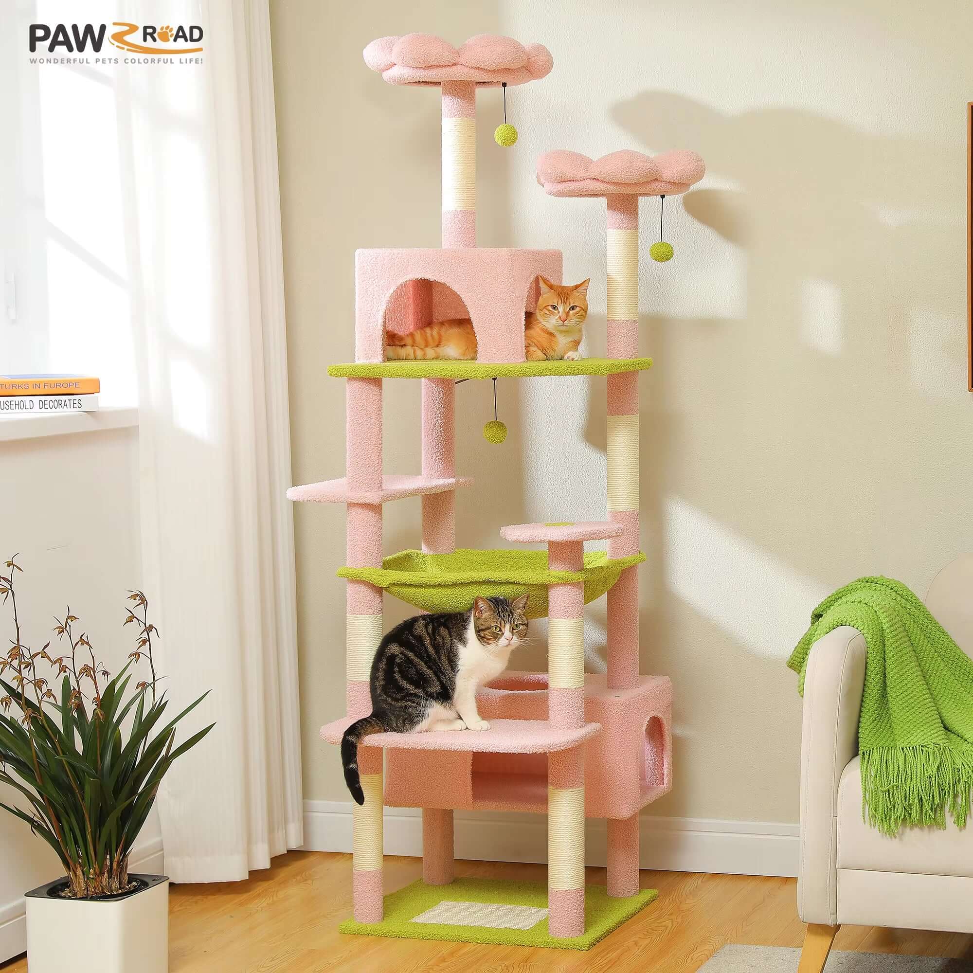 184Cm Large Cat Tree Tower for Indoor Cats with Sisal-Covered Scratching Posts Spacious Hammock Padded Perches and Condos Pink