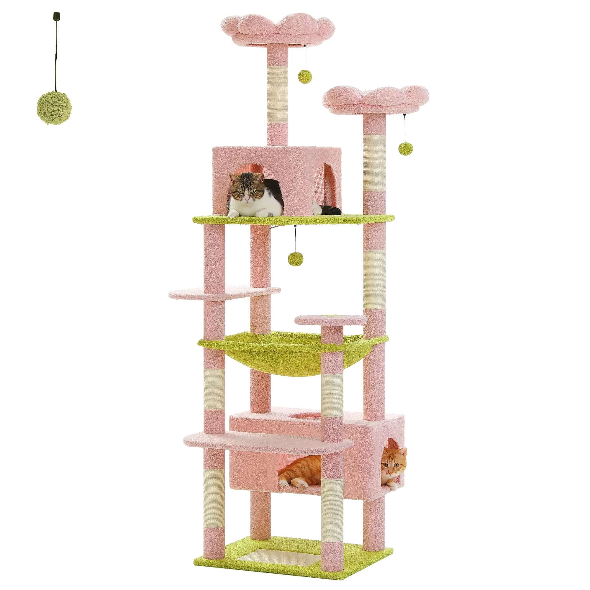 184Cm Large Cat Tree Tower for Indoor Cats with Sisal-Covered Scratching Posts Spacious Hammock Padded Perches and Condos Pink