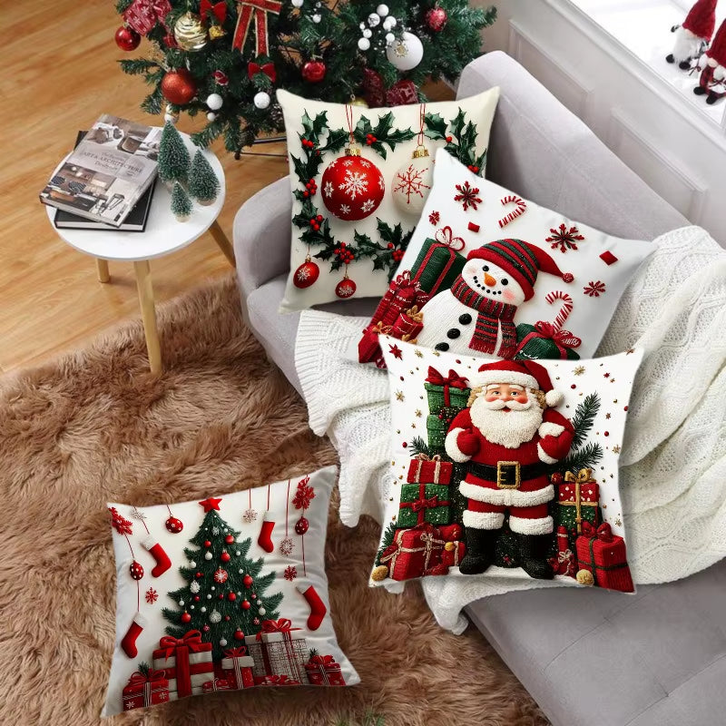 45X45Cm Linen Plush Cartoon Snowman Print Throw Pillowcase Santa Cluas Xmas Merry Christmas Decor 2025 Happy New Year 2026