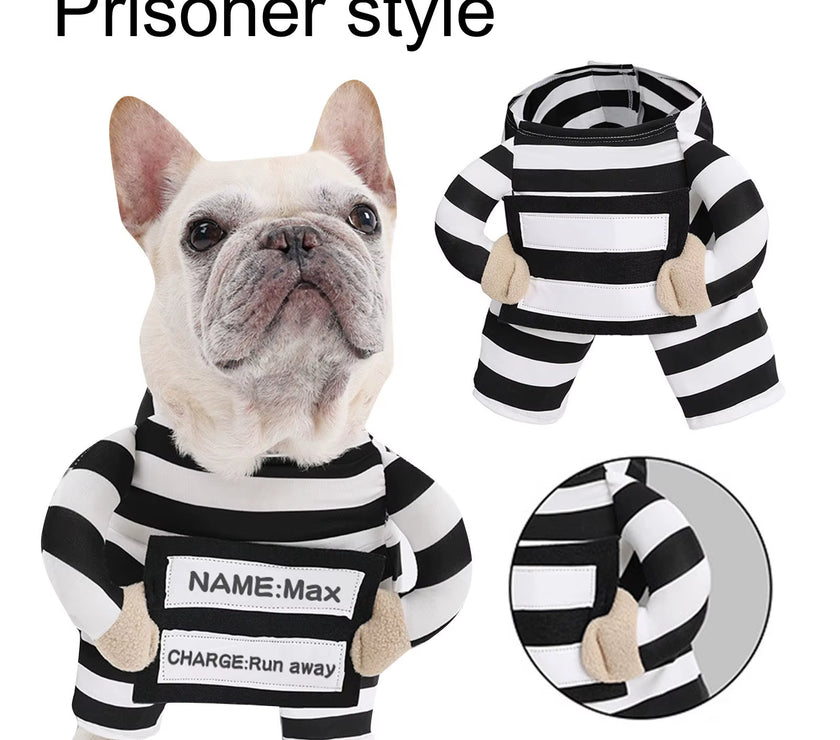 Halloween Funny Prisoner Dog Costume - Striped Prisoner Dog Cosplay Clothes Soft, Comfortable & Easy to Wear.A Cute ID Tag